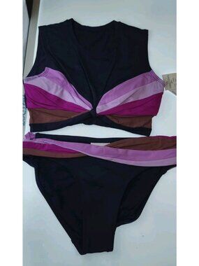NWT Robin Piccone Bikini Set M Navy Colorblock Twist Knot Bralette Top and Botto
